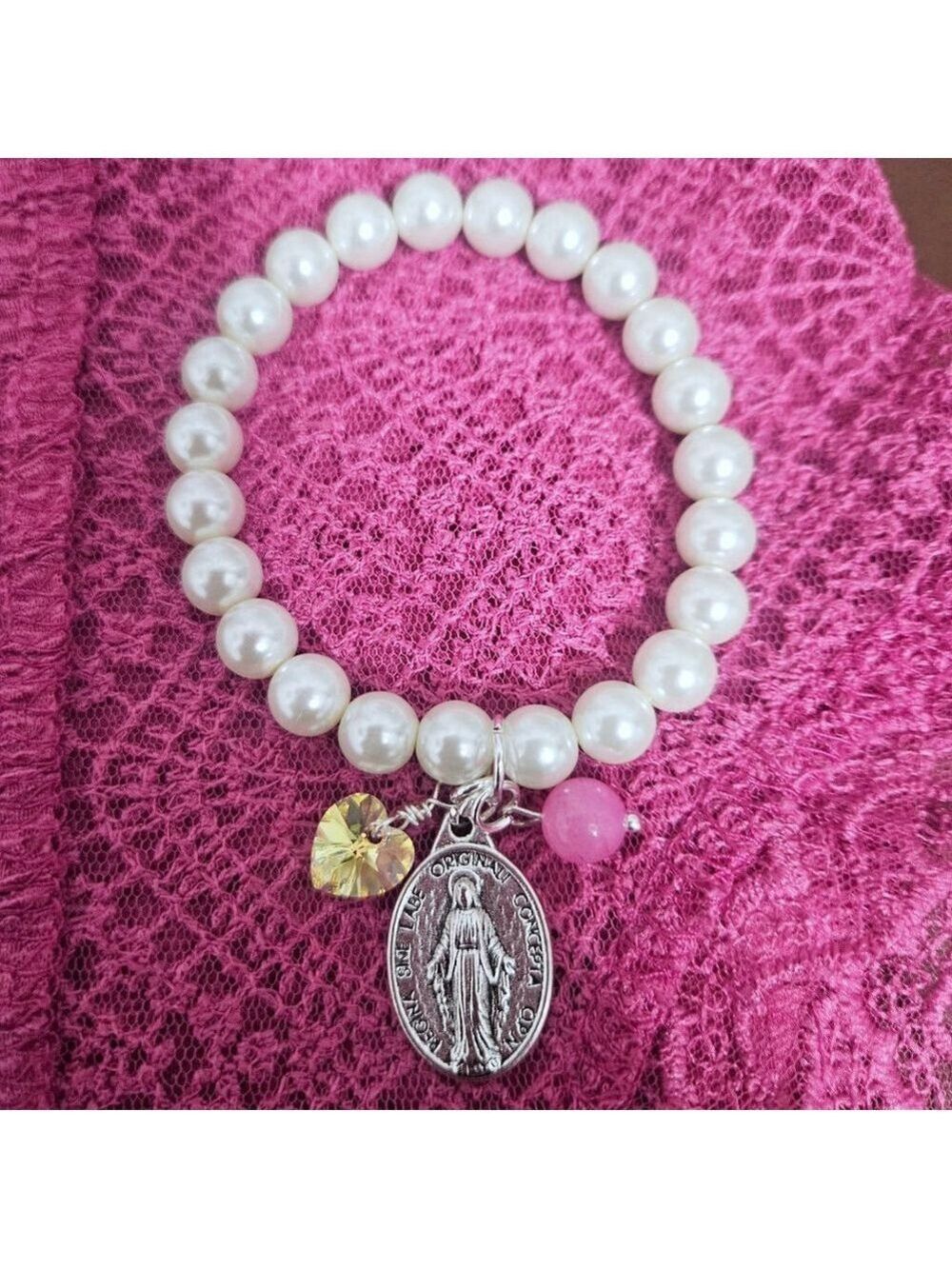 Miraculous Medal Virgin Pearl AB Swarovski Heart Pink Jade Stretch Bracelet